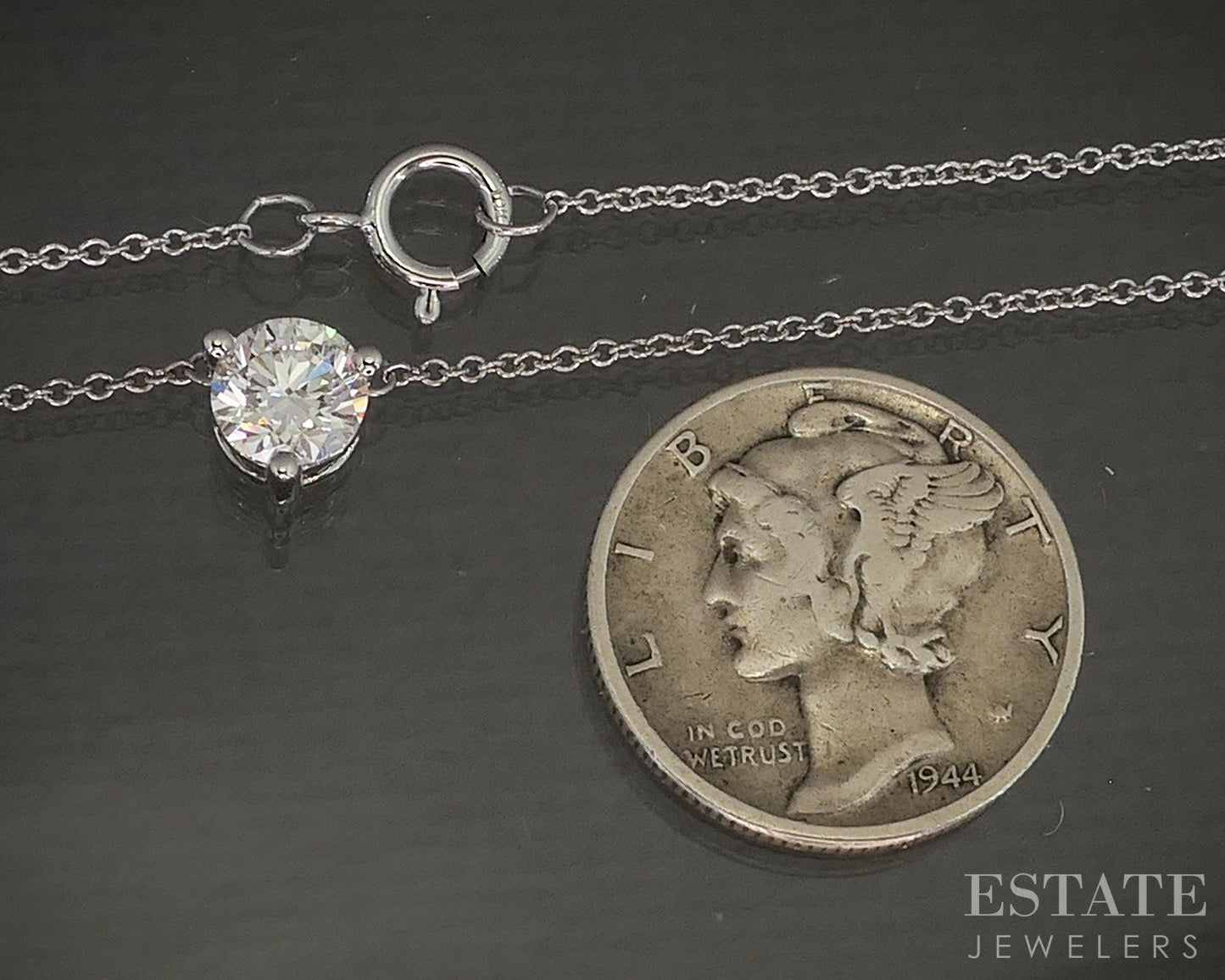 10k White Gold Round Lab Created .55ct Diamond Solitaire Necklace 18"L p14871b