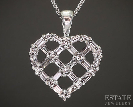 14k White Gold Natural .44ctw Diamond Open Heart Necklace 3.9g 18"L p16365b