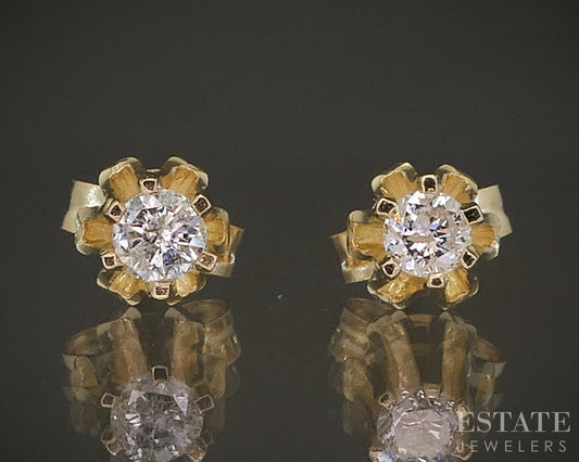 Vintage 14k Yellow Gold Natural Diamond Buttercup Stud Earrings 0.5g p14769b