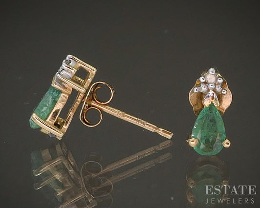 10k Yellow Gold Pear Natural Emerald & Diamond Stud Earrings 0.7g p22016b