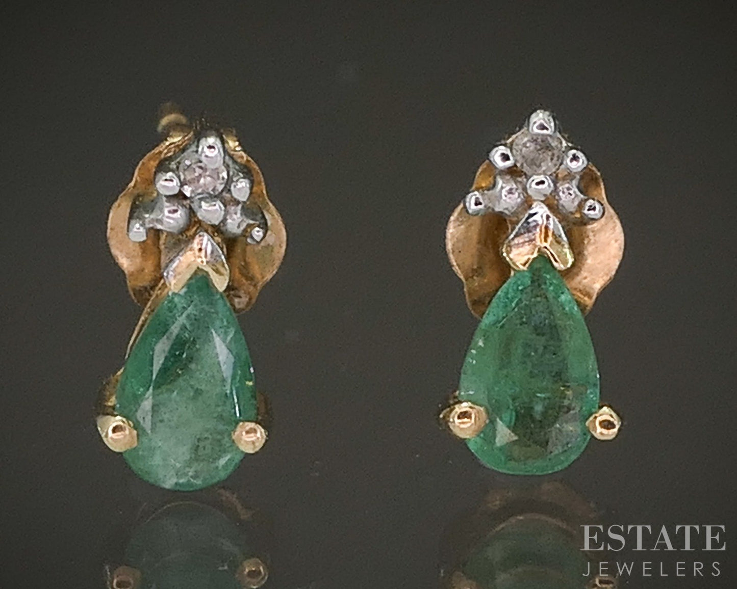 10k Yellow Gold Pear Natural Emerald & Diamond Stud Earrings 0.7g p22016b