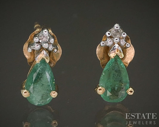 10k Yellow Gold Pear Natural Emerald & Diamond Stud Earrings 0.7g p22016b
