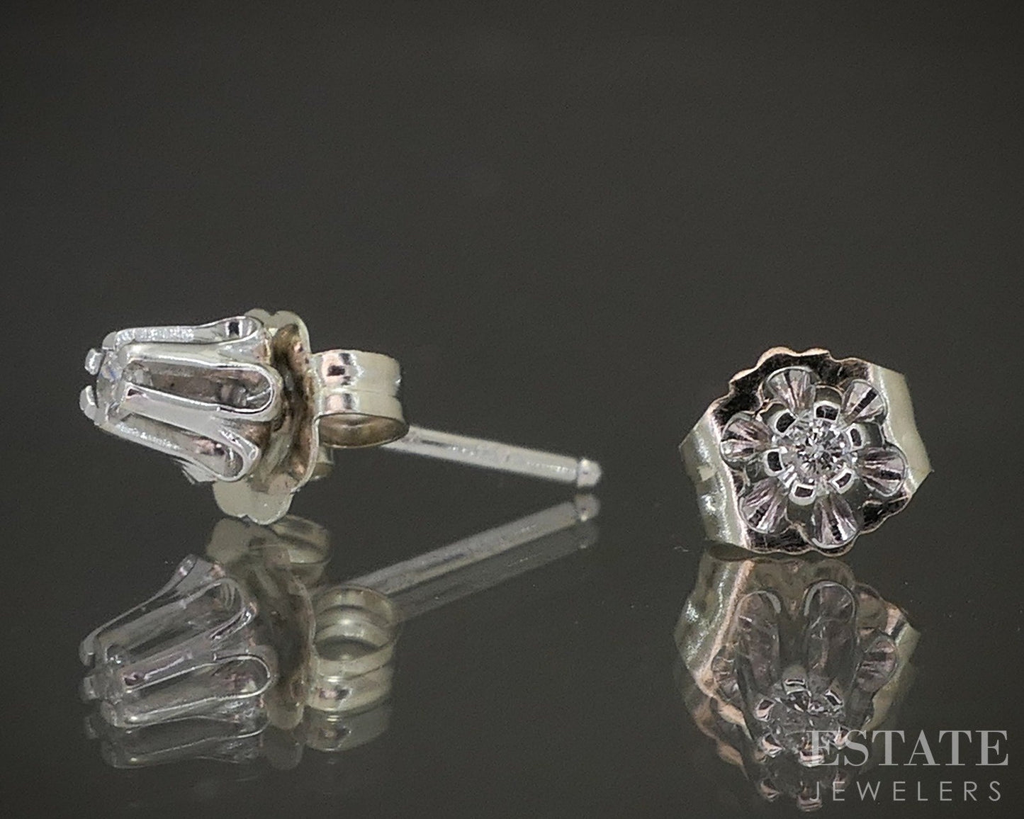 Vintage 14k White Gold Natural Diamond Buttercup Stud Earrings 0.5g p18938b