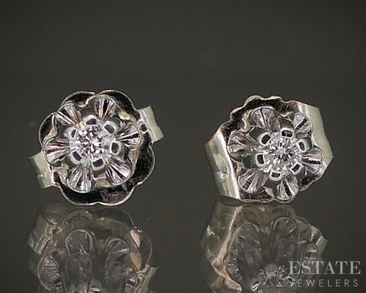 Vintage 14k White Gold Natural Diamond Buttercup Stud Earrings 0.5g p18938b