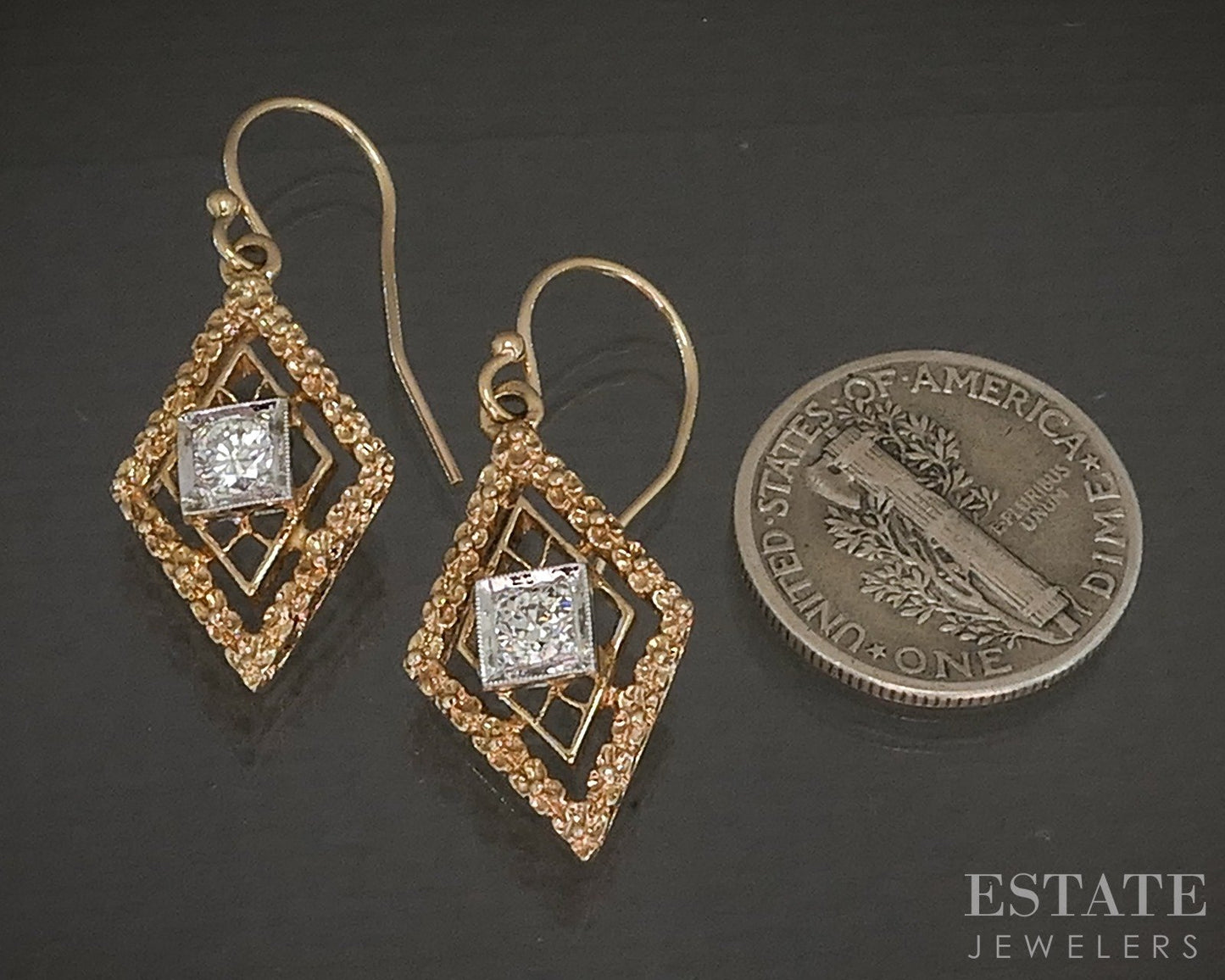 Vintage 14k Yellow & White Gold Natural Diamond Dangle Earrings 3.3g p19355b