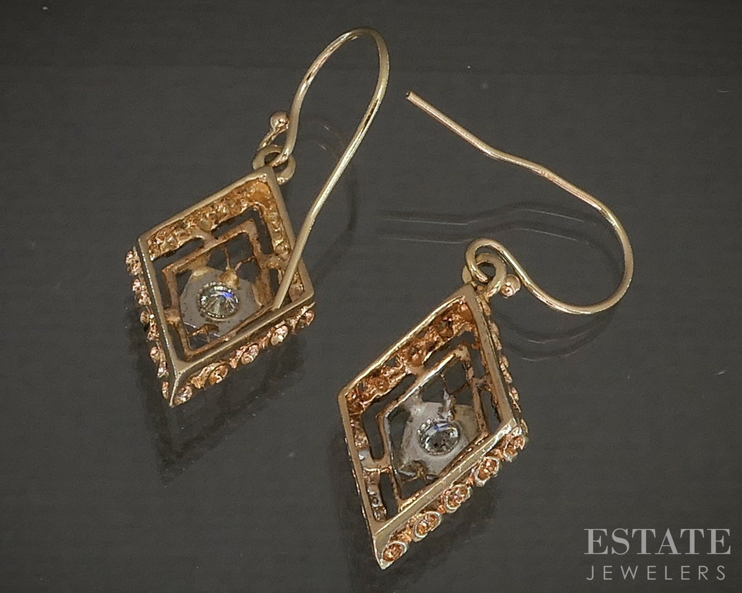 Vintage 14k Yellow & White Gold Natural Diamond Dangle Earrings 3.3g p19355b