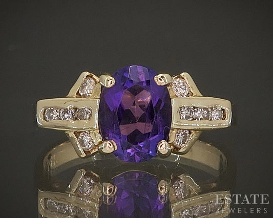 14k Yellow Gold Oval Natural Amethyst & Diamond Ladies Ring 2.9g p19299b