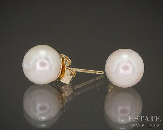 14k Yellow Gold 6.5mm Cultured Pearl Stud Ladies Earrings p19194b