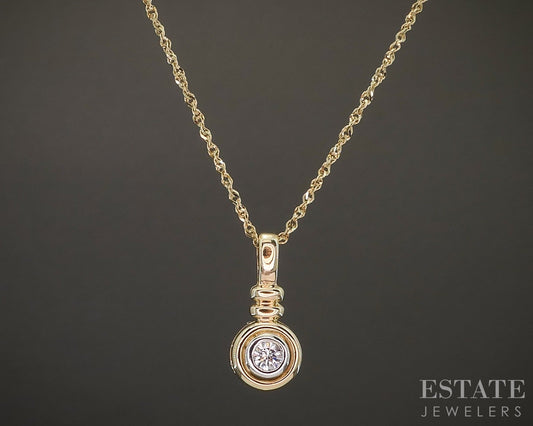 14k Yellow Gold Round Natural .08ct Diamond Bezel Solitaire Necklace 2g p20057b