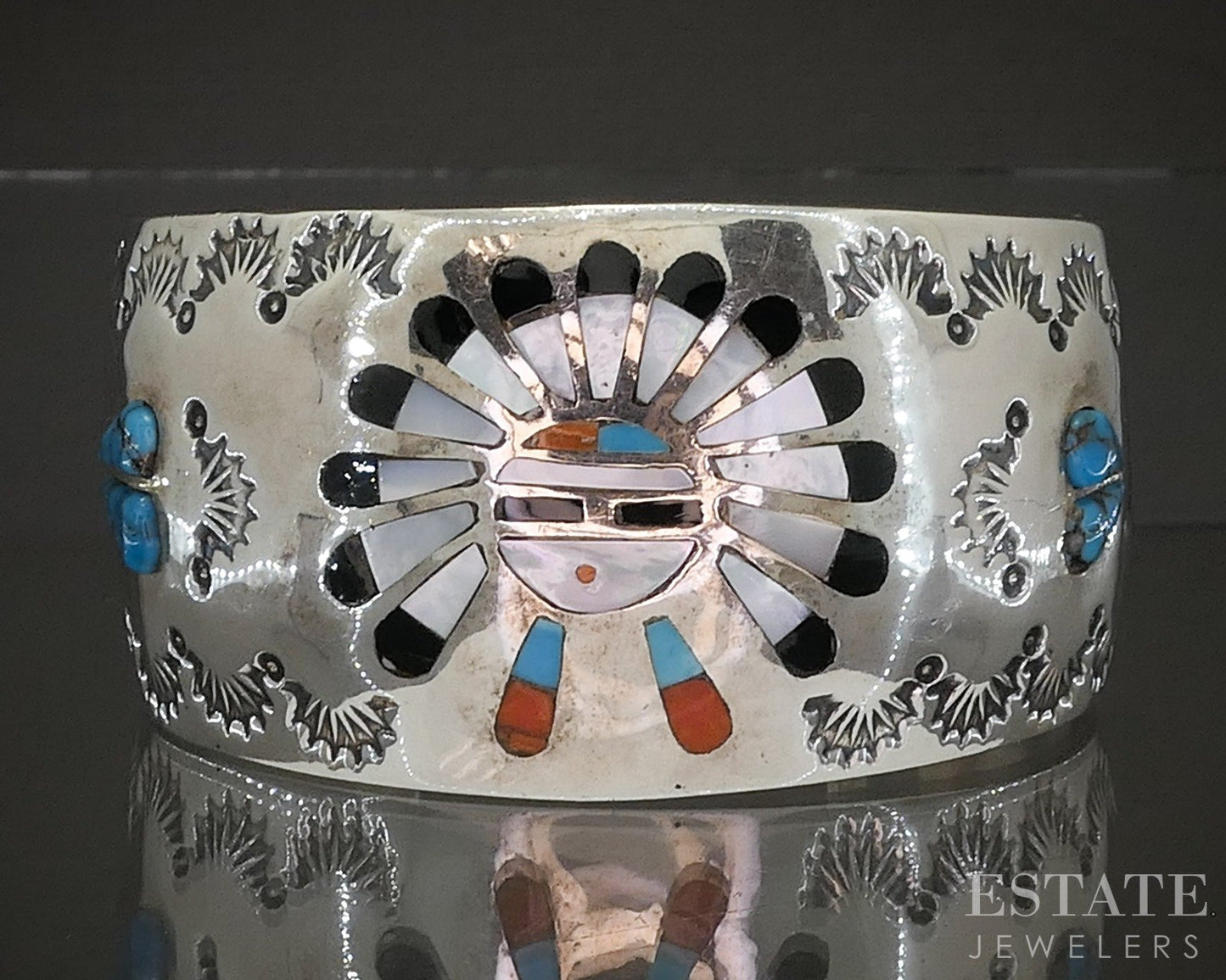 Vintage Sterling Multi Gem Sun God Navajo H. Spencer Cuff Bracelet 89g p23154