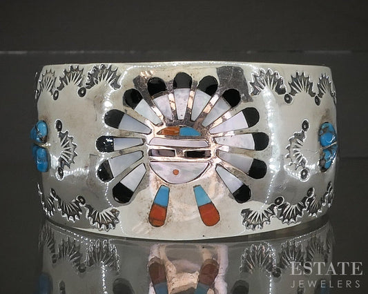 Vintage Sterling Multi Gem Sun God Navajo H. Spencer Cuff Bracelet 89g p23154