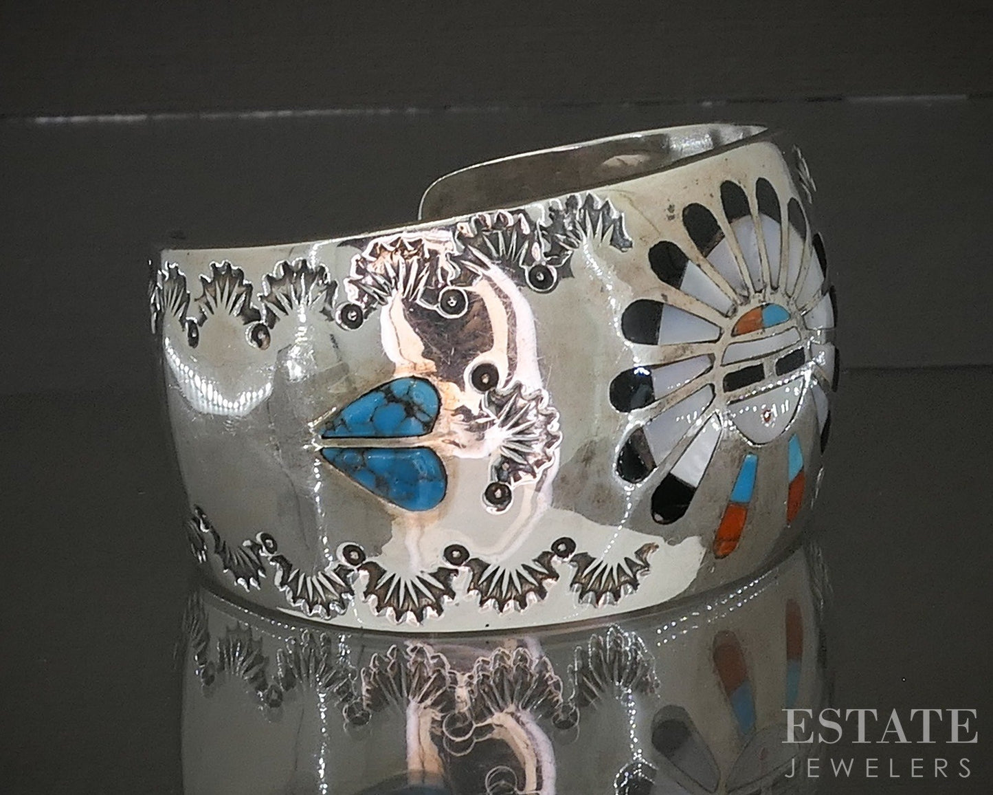 Vintage Sterling Multi Gem Sun God Navajo H. Spencer Cuff Bracelet 89g p23154