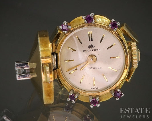 Vintage 18k Yellow Gold Bucherer Peek-a-Boo Ladies Ring Watch 12.5g p22360