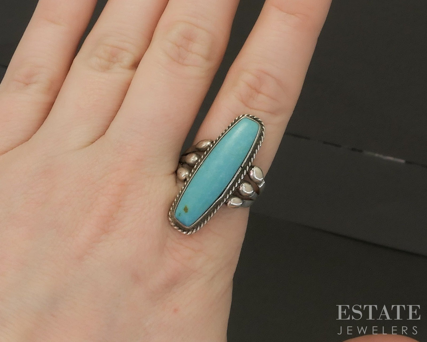 Vintage Sterling Natural Turquoise Running Bear Southwestern Ring 7.8g p23145