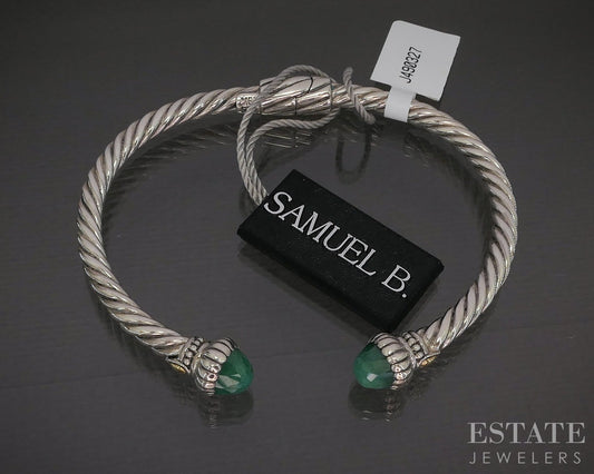 18k & Sterling Silver Natural Emerald Samuel B. Cuff Bracelet 16g p23209