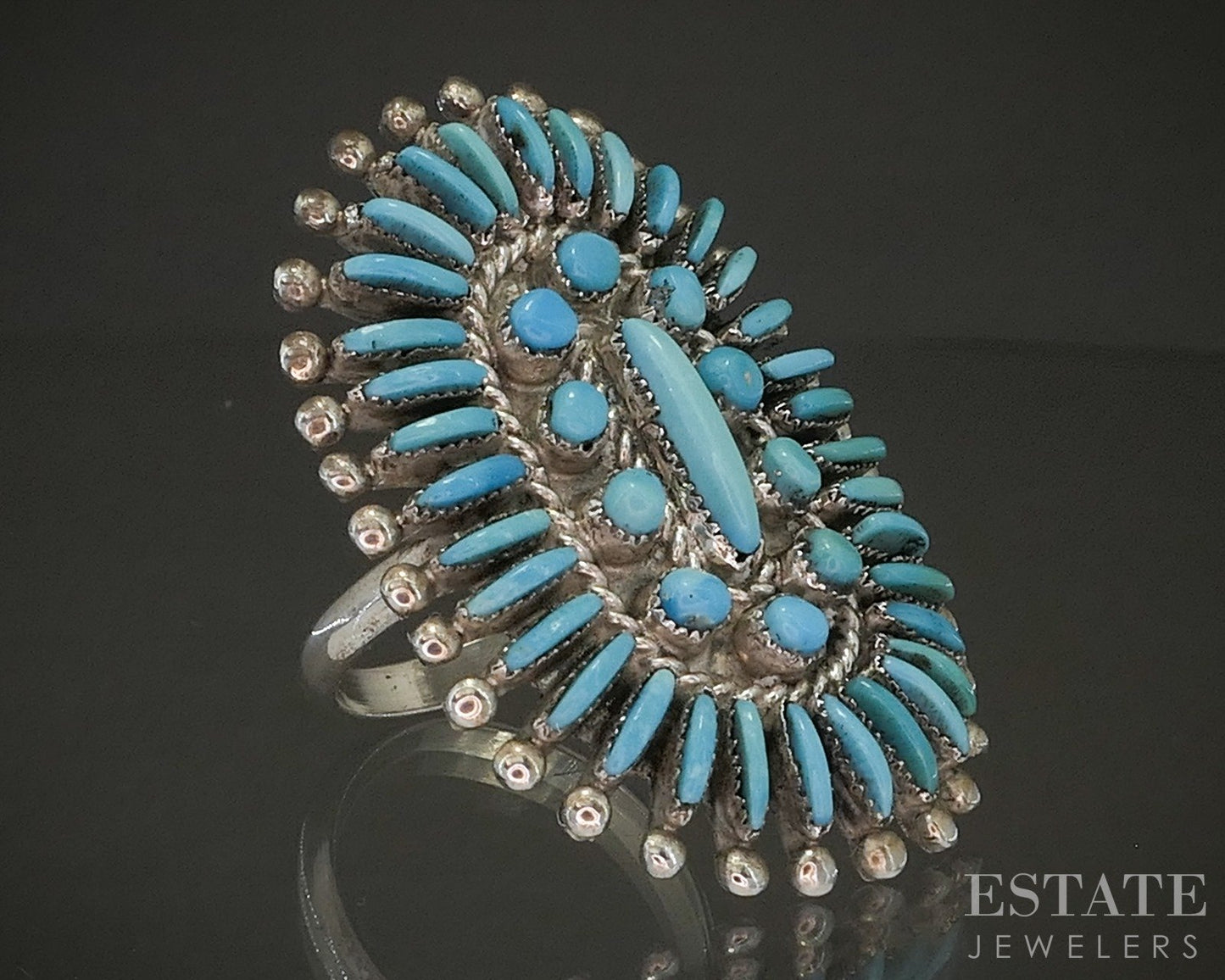 Vintage Sterling Zuni Eva L. Wyaco Natural Turquoise Needlepoint Ring 9g p23142