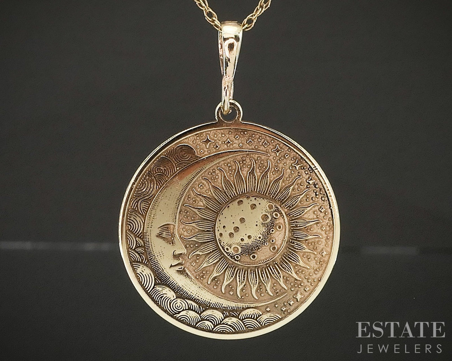 14k Yellow Gold Sun & Moon Circle Charm Ladies Necklace 2.5g 19"L p22494