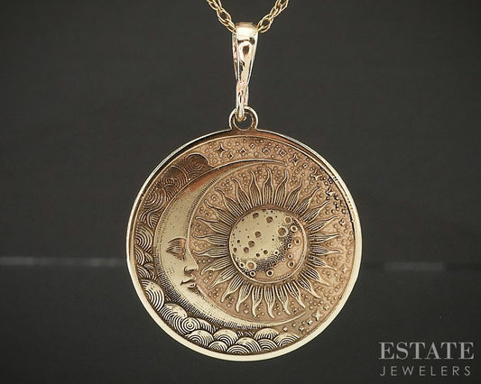 14k Yellow Gold Sun & Moon Circle Charm Ladies Necklace 2.5g 19"L p22494