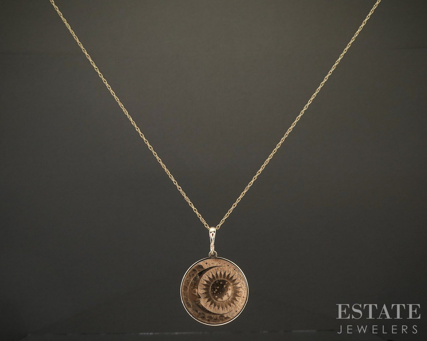 14k Yellow Gold Sun & Moon Circle Charm Ladies Necklace 2.5g 19"L p22494
