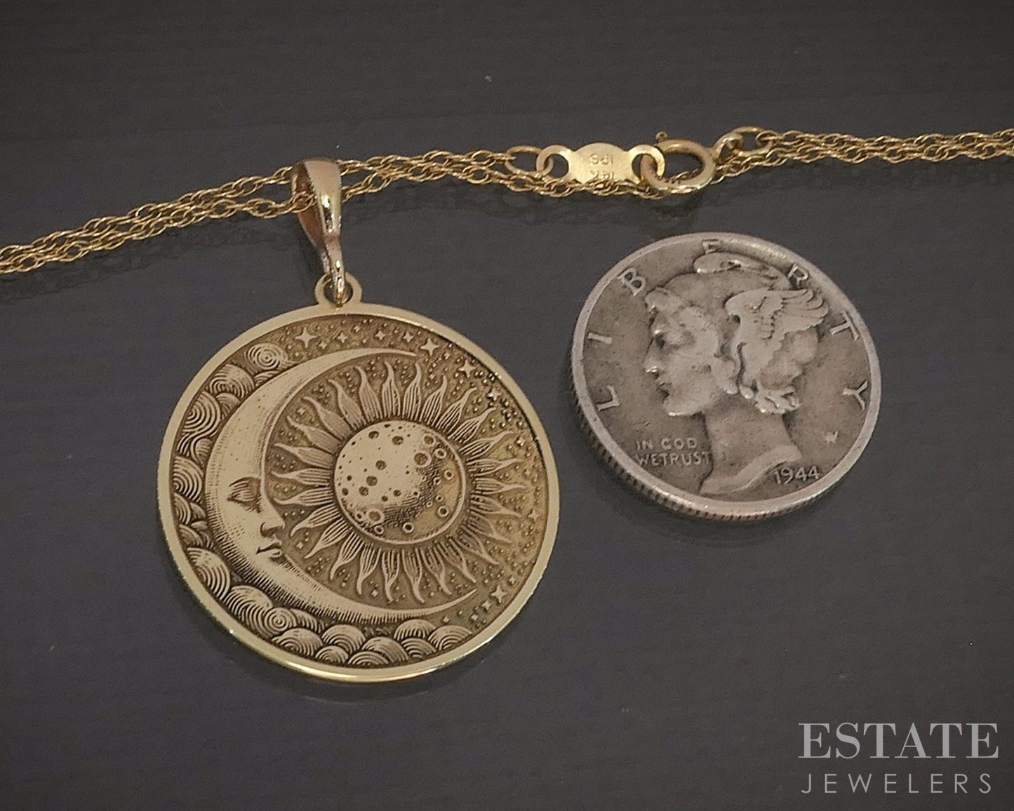 14k Yellow Gold Sun & Moon Circle Charm Ladies Necklace 2.5g 19"L p22494