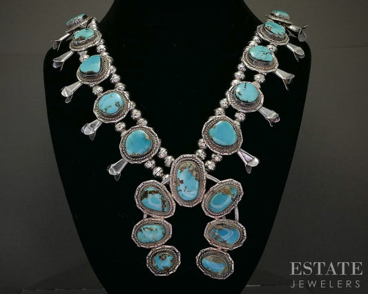 Sterling Natural Turquoise Navajo Squash Blossom Necklace 164g p23180