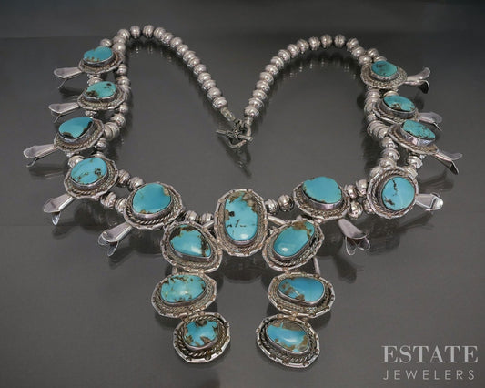 Sterling Natural Turquoise Navajo Squash Blossom Necklace 164g p23180
