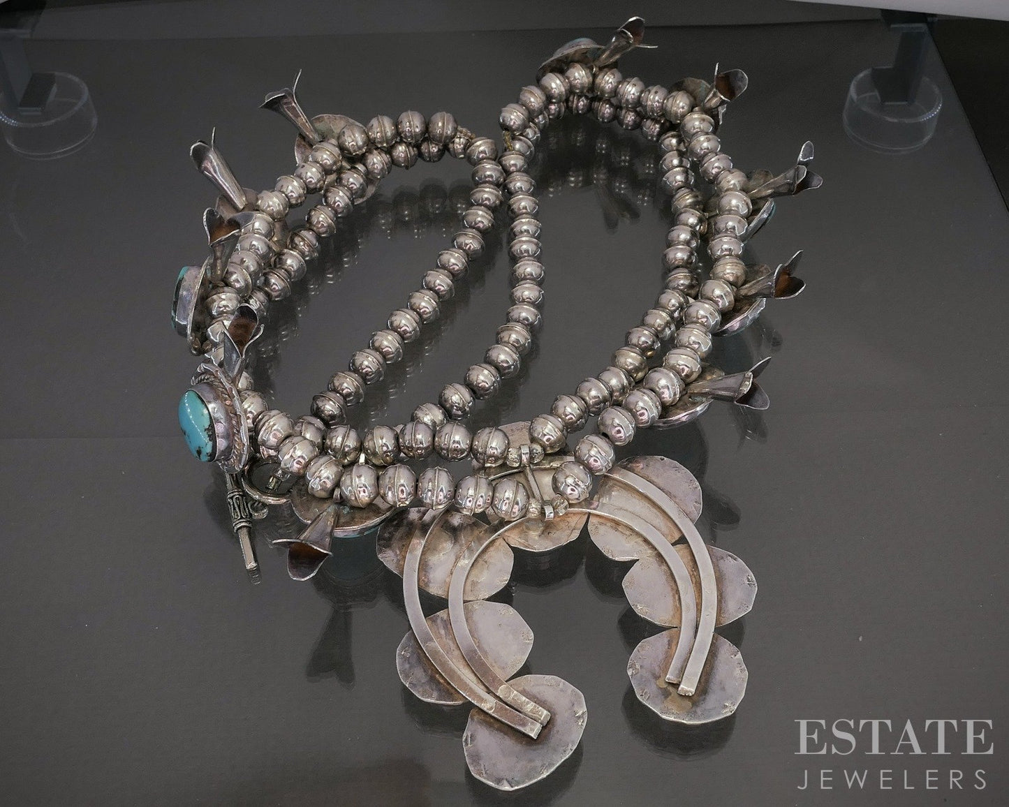 Sterling Natural Turquoise Navajo Squash Blossom Necklace 164g p23180