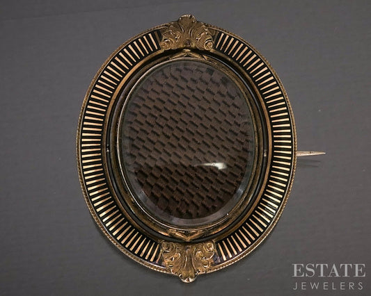 Antique Victorian 10k Yellow Gold Enameled Hair Mourning Pin Brooch 15.6g p22994