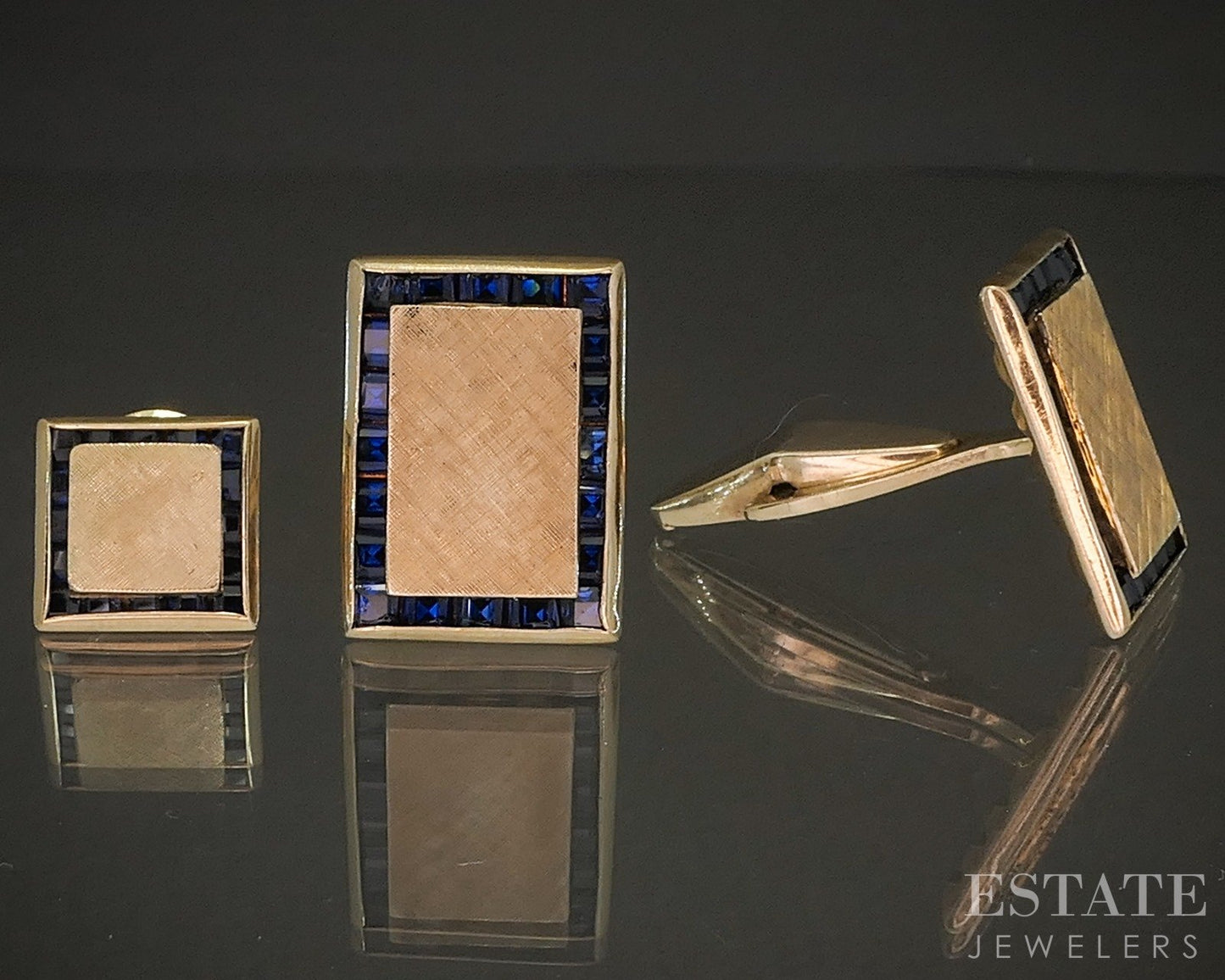 Vintage 14k Yellow Gold Blue Sapphire Men's Cufflinks & Tie Tac Set 14g p23006