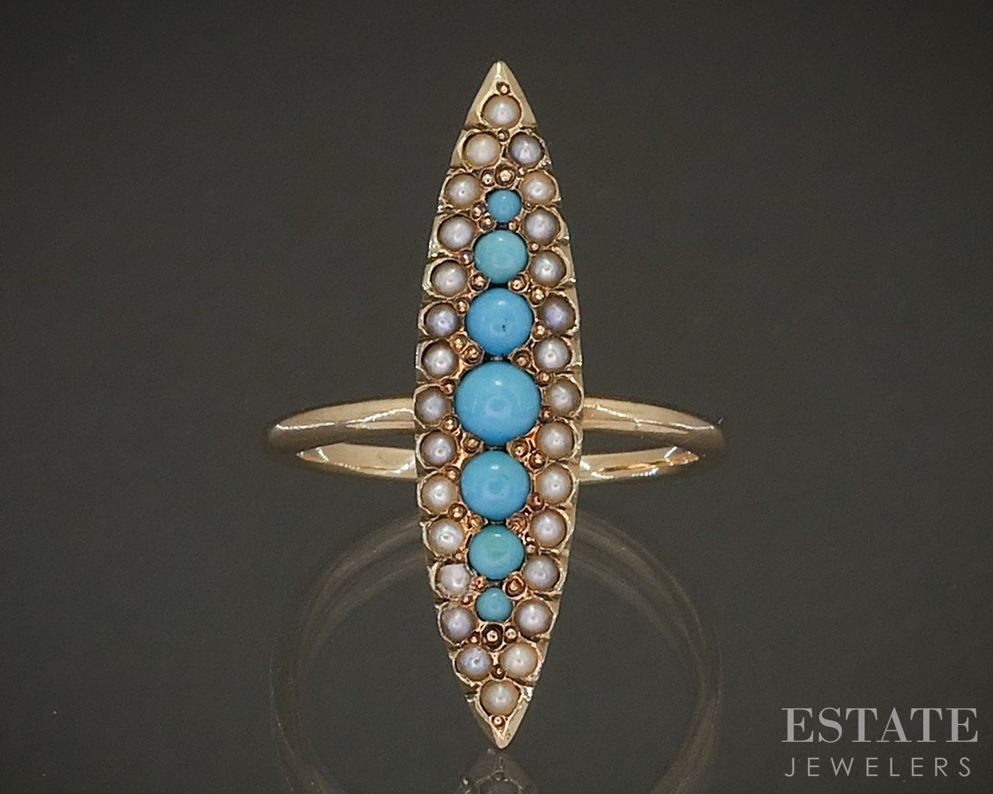 Antique Victorian 10k Yellow Gold Turquoise & Seed Pearl Navette Ring p23045
