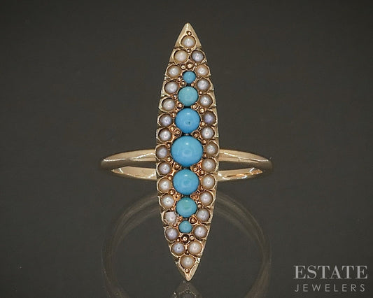 Antique Victorian 10k Yellow Gold Turquoise & Seed Pearl Navette Ring p23045