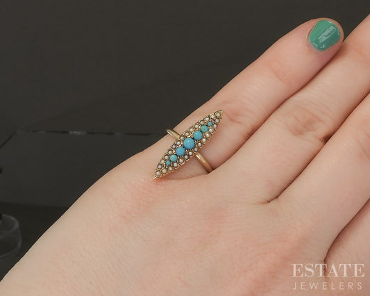 Antique Victorian 10k Yellow Gold Turquoise & Seed Pearl Navette Ring p23045