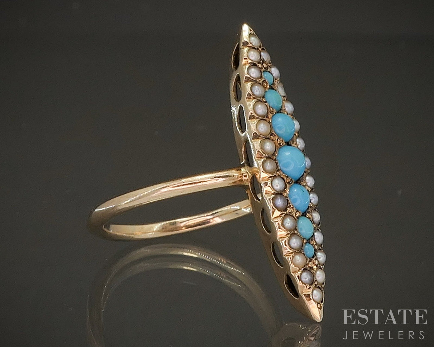 Antique Victorian 10k Yellow Gold Turquoise & Seed Pearl Navette Ring p23045