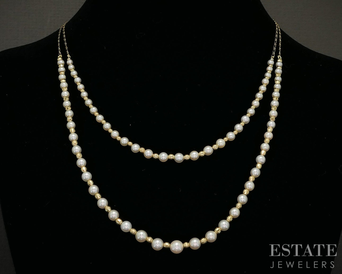 14k Yellow Gold 3-5.4mm Culutred Pearl Double Strand Necklace 10.8g 17"L p20534