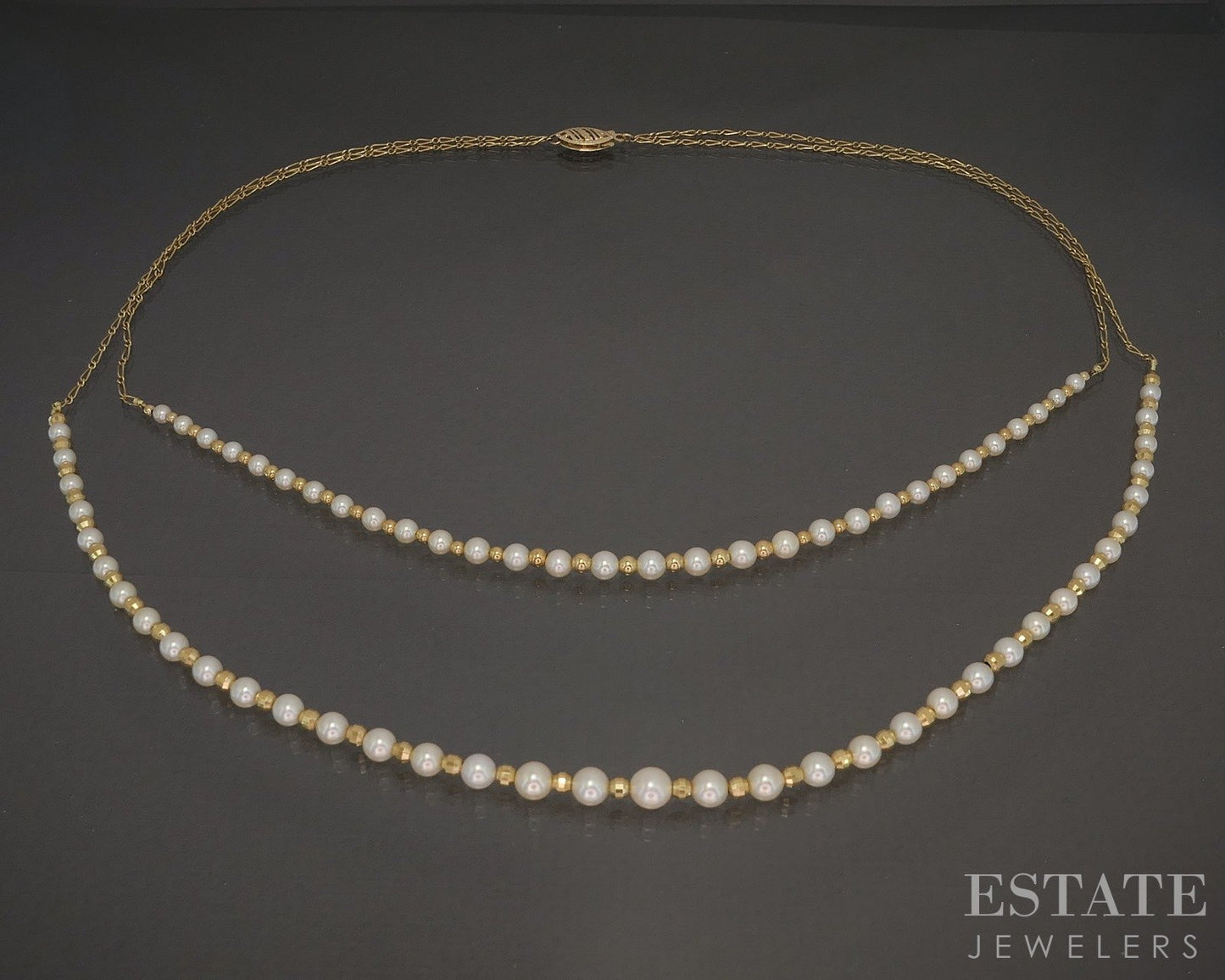 14k Yellow Gold 3-5.4mm Culutred Pearl Double Strand Necklace 10.8g 17"L p20534