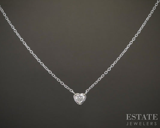 14k White Gold Heart Natural .22ct Diamond Solitaire Necklace 1.5g 18"L p23043