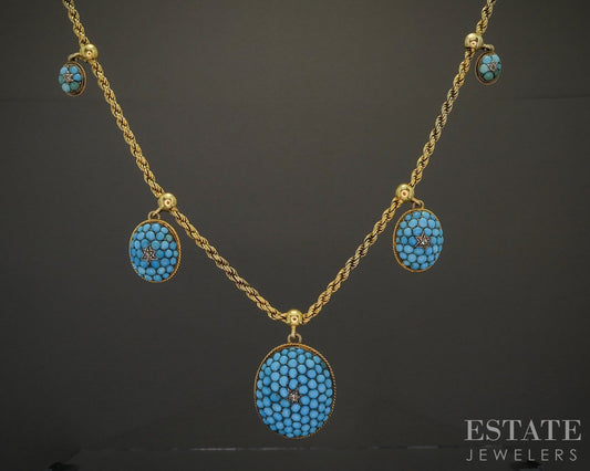 Antique Victorian 20k Yellow Gold Turquoise & Diamond Necklace 30g 17"L p23058