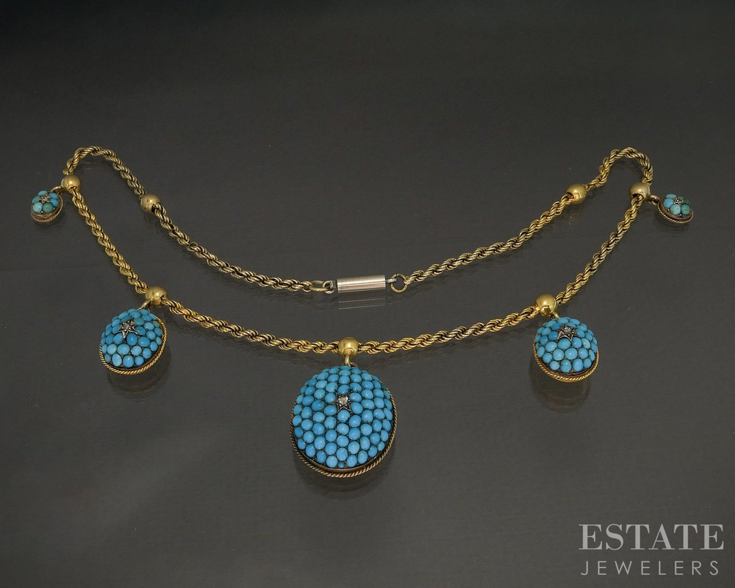 Antique Victorian 20k Yellow Gold Turquoise & Diamond Necklace 30g 17"L p23058