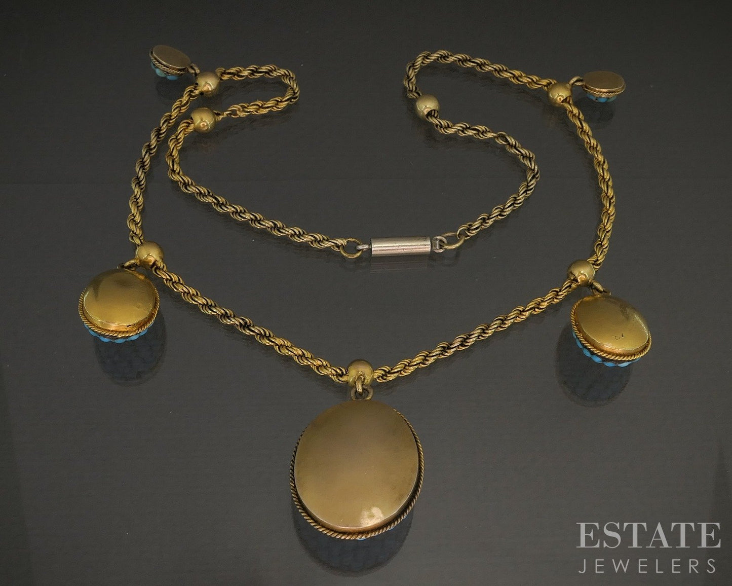 Antique Victorian 20k Yellow Gold Turquoise & Diamond Necklace 30g 17"L p23058