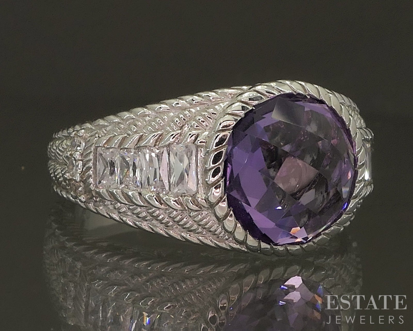 Sterling Silver Judith Ripka Natural Amethyst & CZ Band Ring 11.6g p24369
