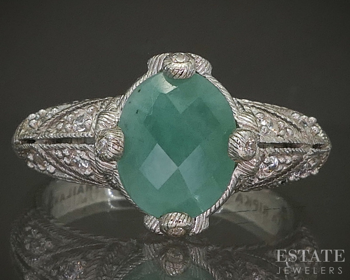 Sterling Silver Judith Ripka Natural Emerald & CZ Band Ring 6.7g p24374
