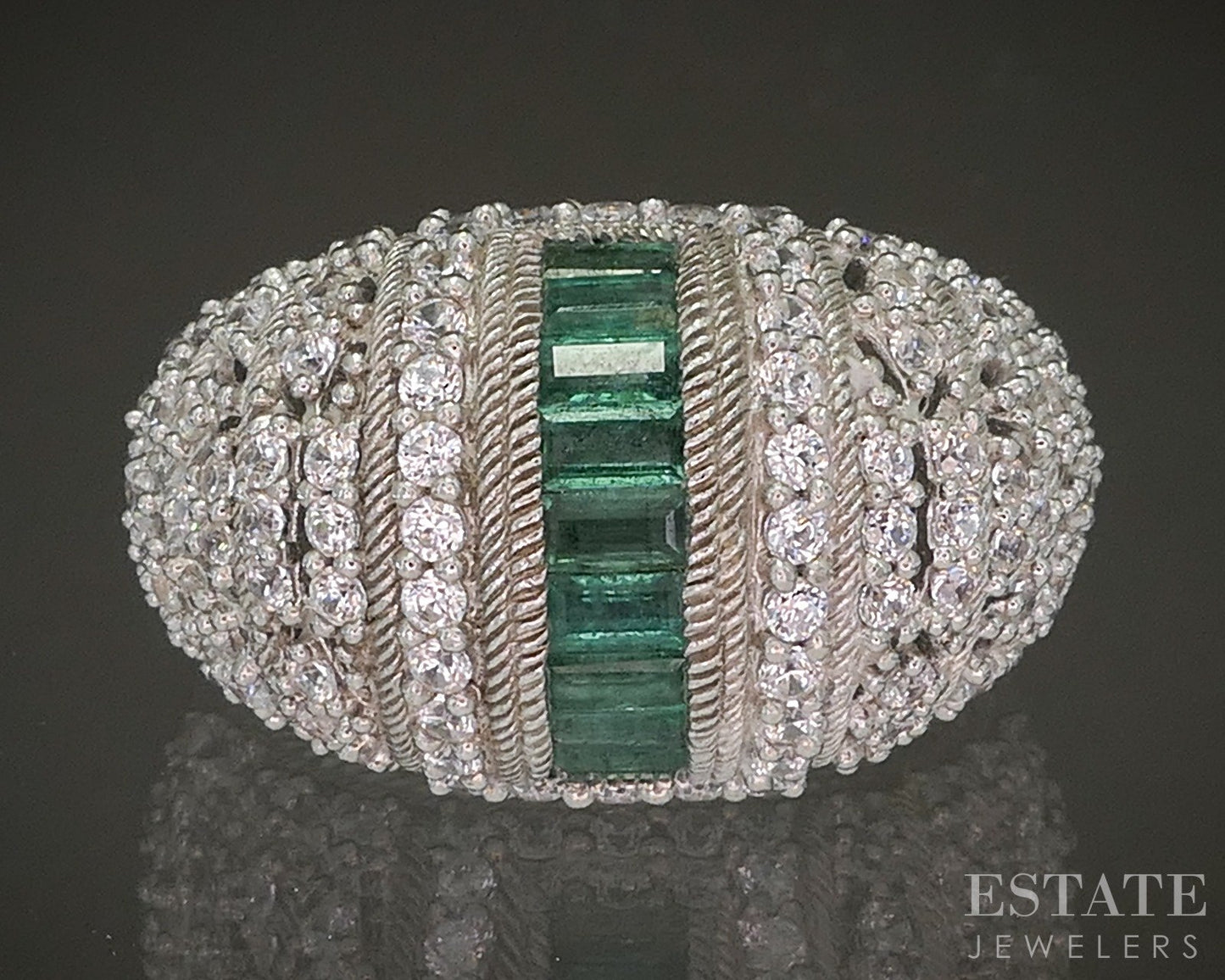 Sterling Silver Judith Ripka Natural Emerald & CZ Ladies Band Ring 16g p24405
