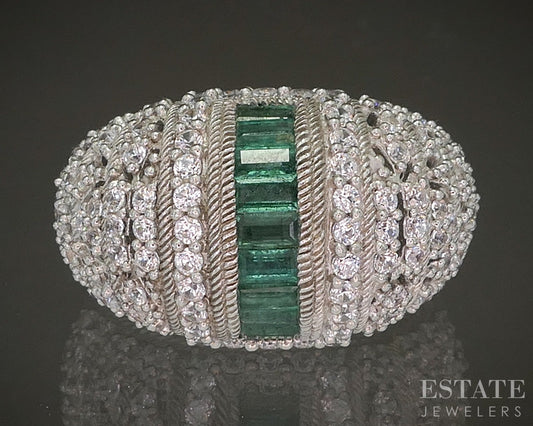 Sterling Silver Judith Ripka Natural Emerald & CZ Ladies Band Ring 16g p24405