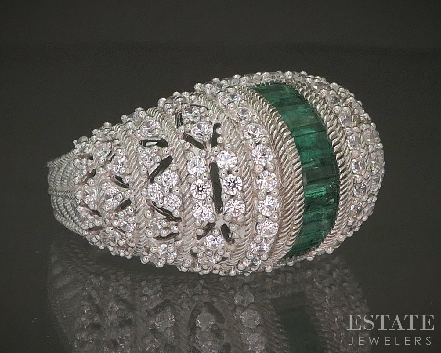 Sterling Silver Judith Ripka Natural Emerald & CZ Ladies Band Ring 16g p24405