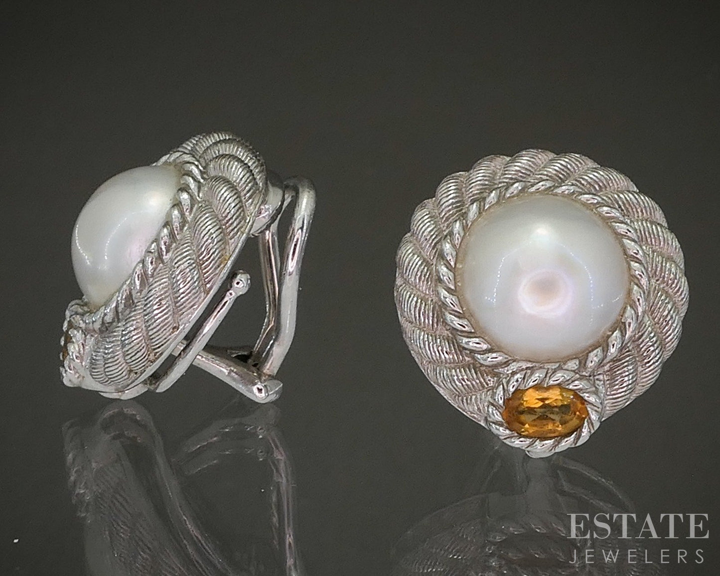 Sterling Judith Ripka Mabe Pearl & Citrine Omega Back Earrings 13g p24522