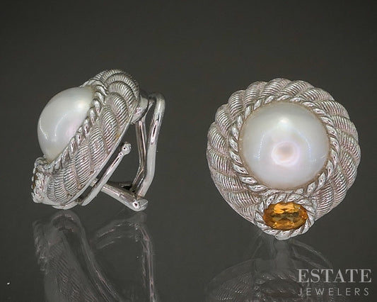 Sterling Judith Ripka Mabe Pearl & Citrine Omega Back Earrings 13g p24522