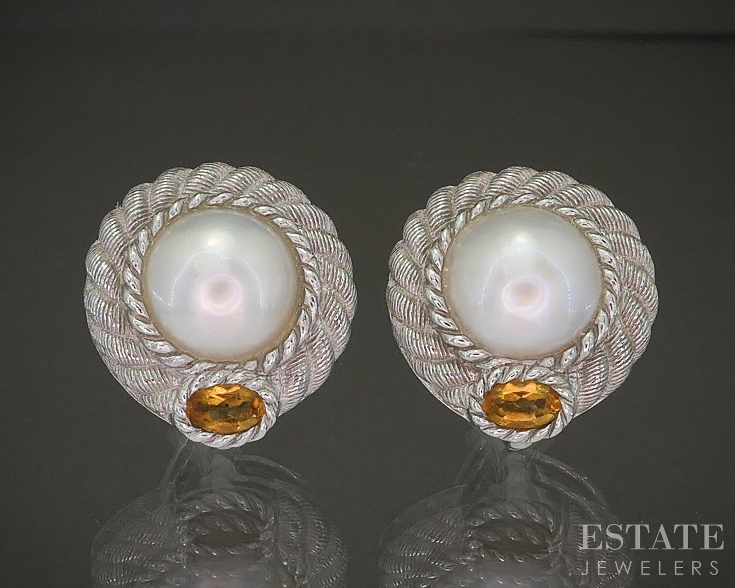 Sterling Judith Ripka Mabe Pearl & Citrine Omega Back Earrings 13g p24522
