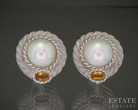 Sterling Judith Ripka Mabe Pearl & Citrine Omega Back Earrings 13g p24522