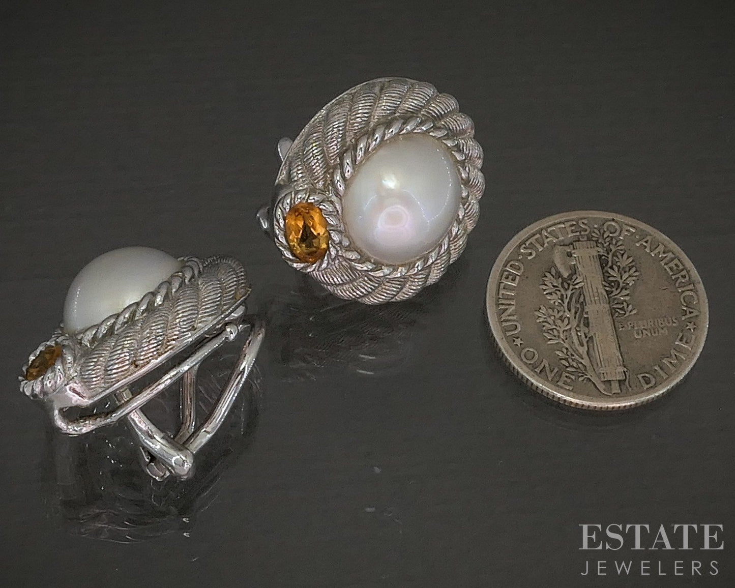 Sterling Judith Ripka Mabe Pearl & Citrine Omega Back Earrings 13g p24522