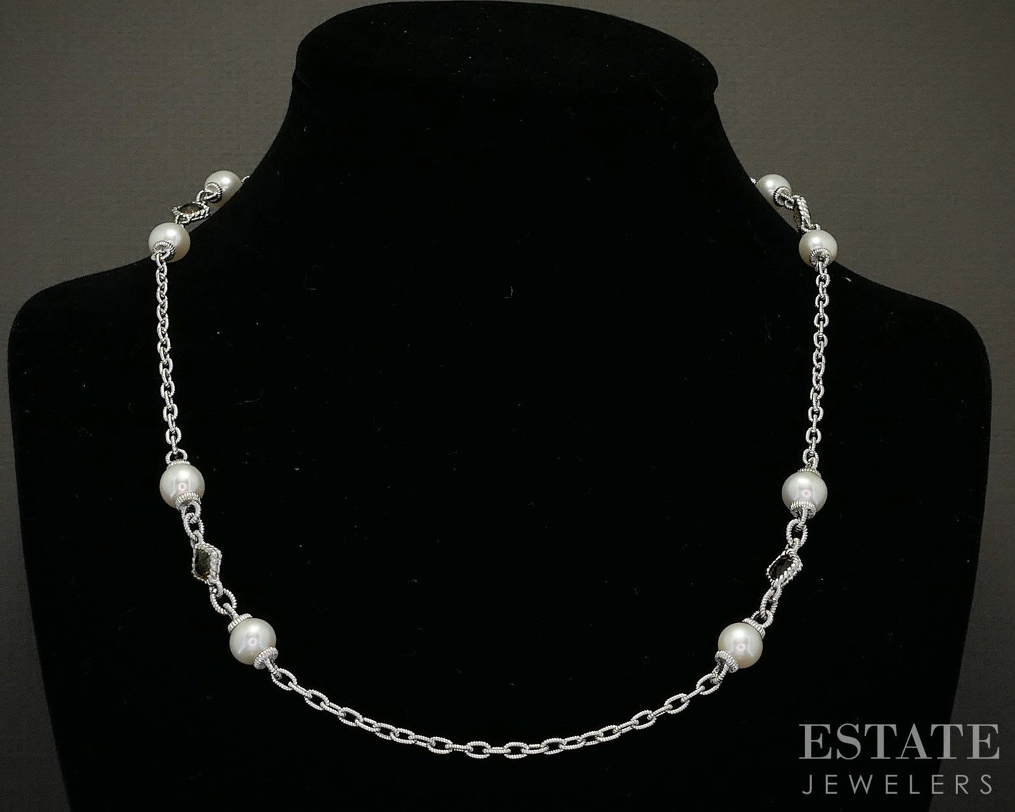 Sterling Judith Ripka Pearl & Smoky Quartz Cable Link Necklace 17g 20"L p24419